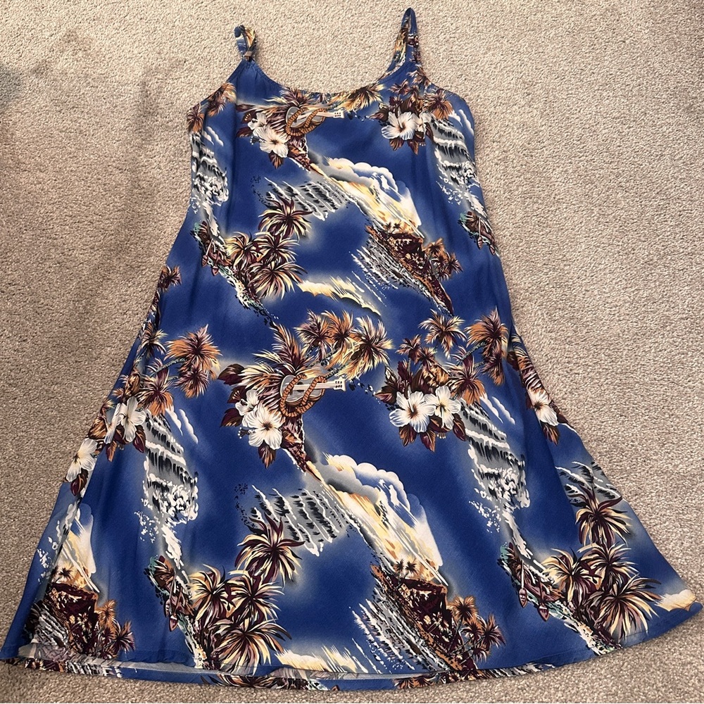 Hilo Hattie Hawaiian Dress Sundress Midi Palm Trees Beach Vacation Ukulele M